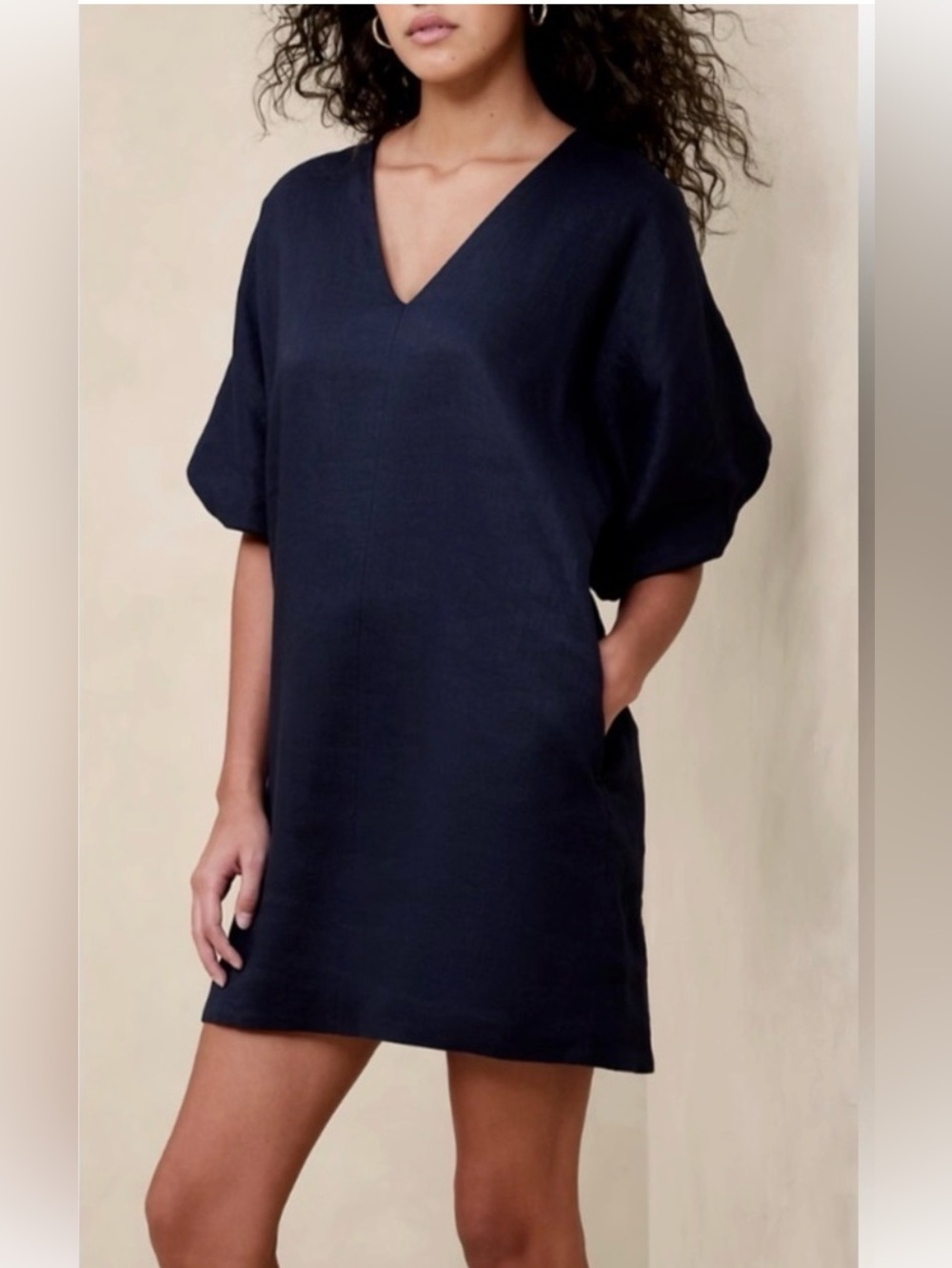 Banana Republic Livia Linen Mini Dress Short Bubble Sleeve Popover Size XL Tall